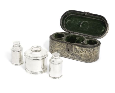 A shagreen caddy boxthe mixing bowl and cover with cancelled marks and LAO case numberThe case with unmarked silver lock face