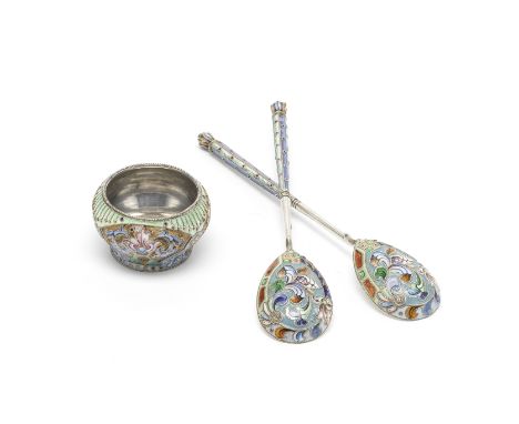 A pair of Russian silver and enamel spoonsNikolai Pavlov, Moscow 1908 - 1927 mark Length 13.5cm; together with a silver and e