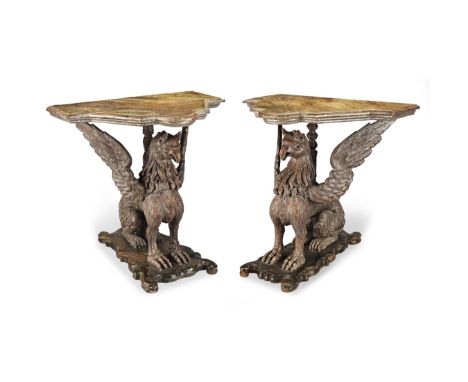 A pair of Italian late 18th century gilt varnished silvered ('Mecca') console tablespossibly VenetianEach with a shaped simul