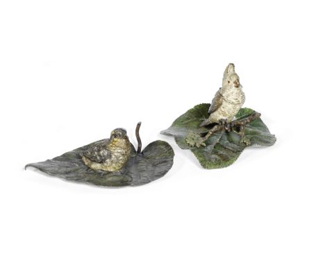 An Austrian cold painted bronze cockateil and leaf inkwell    and a similar bird and leaf inkwellboth in the manner of Franz 
