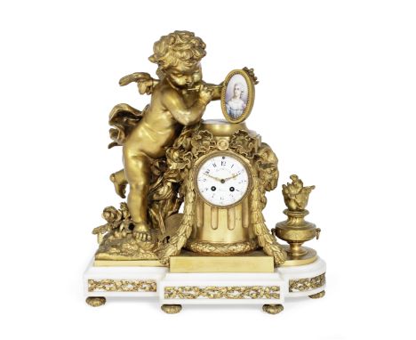 A late 19th century gilt bronze, marble and Serves-style porcelain figural mantel clockthe dial signed Colin, Paris, the move