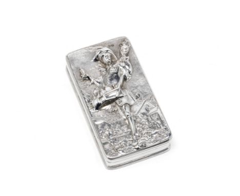 A George IV silver 'pedlar' snuff boxJohn Linnit, London 1825 The lid depicting a pedlar selling his wares, length 10cm, weig