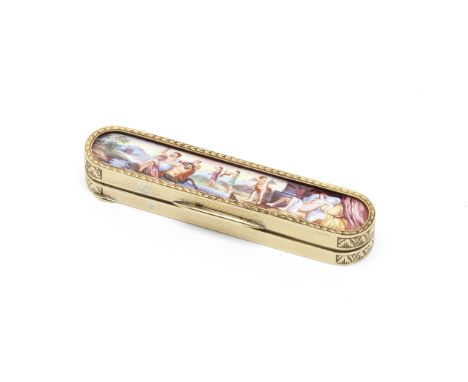 An enamel-set toothpick boxmarked '750' Oblong, the lid enamel depicting mythological scenes, length 8.7cm.For further inform