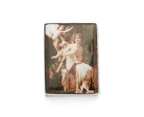 A silver and enamel cigarette caseprobably German circa 1920 The front enamelled with an image of Venus and Cupid, length 8cm