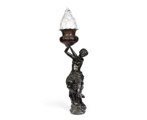 A late 19th century continental patinated bronze figural lamppossibly Italianformed as a semi-clad draped classical maiden be
