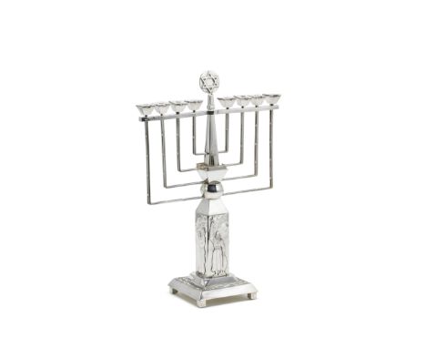 An Art Deco silver five-light candelabrumBritton, Gould &amp; Co, Birmingham 1926 Plain tapering square column on a stepped b