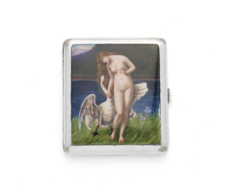 A German Alpacca and enamel cigarette caseRomco, circa 1920 The front enamelled with an image of Leda and the Swan, length 9c