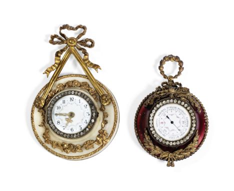 An early 20th century French gilt bronze and marble boudoir  miniature wall timepiece and a similar barometerboth in the Loui