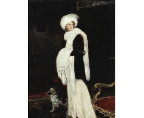 Raffael Schuster-Woldan (German, 1870-1951)Portrait of a lady in furs  signed 'Raffael Schuster-Woldan' (centre right) oil on