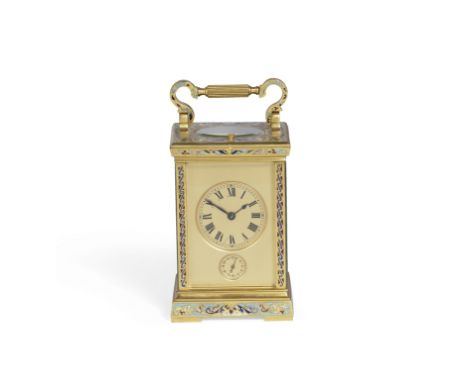 A late 19th/early 20th Century French gilt brass and champleve enamel carriage clock with alarm and repeatthe rectangular cas