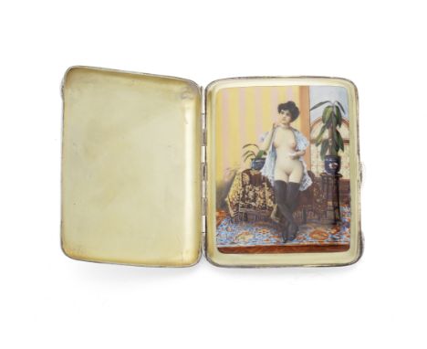 A hidden panel silver and enamel cigarette casemaker's mark 'LR', German circa 1900 Plain curved exterior, the front containi