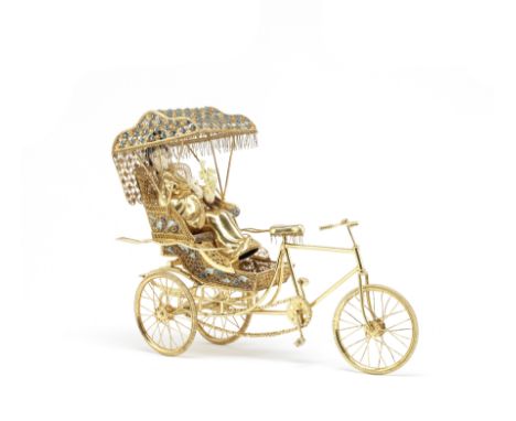 A Chinese silver-gilt and enamel cycle rickshawmarked 'SILVER', 20th century Realistically modelled with moving pedals and wh