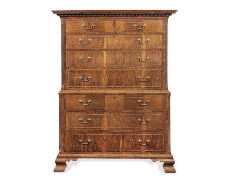 A 19th century walnut and chequer inlaid chest on chestpossibly 18th century and later re-veneeredThe dentilled cornice above