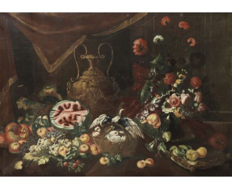Follower of Michelangelo Pace called del Campidoglio (Vitorchiano 1610-1670 Rome)A bronze urn with flowers, fruit and basket 