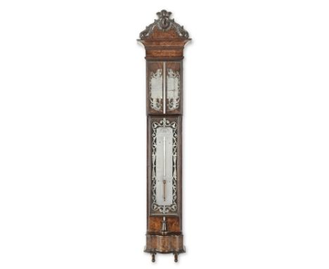 A rare late 18th century Dutch walnut barometer with pewter scalessigned Fx. Franzi, Amsteldamthe rectangular case with carve