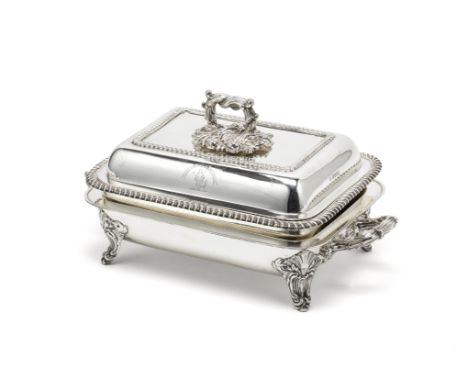 A Victorian silver entrée dish and cover with warming baseMartin Hall &amp; Co, London 1878Rectangular form with rounded corn