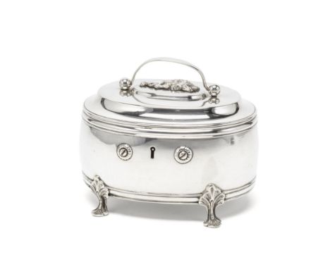 A Swedish silver tea caddyJohan Niklas Palm, Visby 1889 Oval, the lockable lid with a cast dog motif, on four foliate feet, l