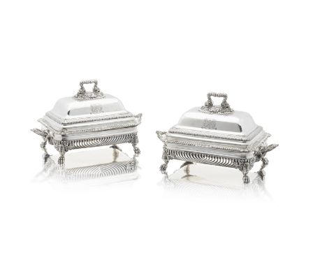 A pair of George III silver entrée dishes on Old Sheffield plate standsPhilip Rundell, London 1819Oblong, the domed covers wi