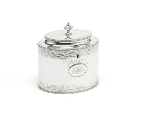 A George III silver tea caddyWilliam Vincent, London 1783Oval form with applied bead rims, bright and prick dot engraved band