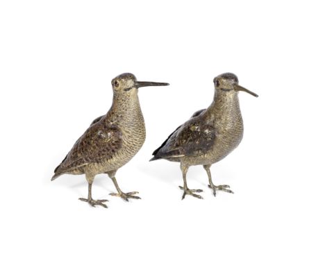 Franz Xavier Bergmann (Austrian, 1861–1936): A pair of cold painted bronze models of woodcockswith folded wings and naturalis