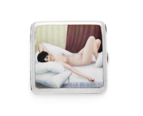 A silver and enamel cigarette caseAustrian or German circa 1920 The front enamelled of an image of a lady waking from her slu