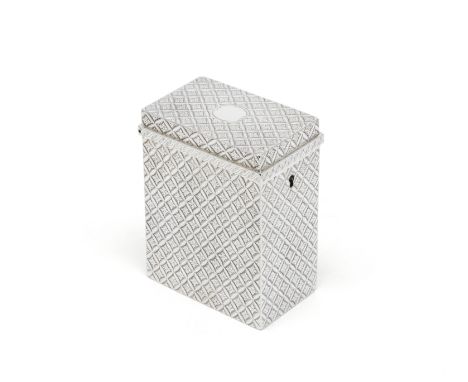 A George II silver caddyEdward Wakelin, London 1752Upright rectangular form engraved with ornate stylised trellis work with f