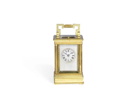 A late 19th/early 20th century lacquered brass French carriage clock with repeatthe rectangular Anglaise case with plain colu