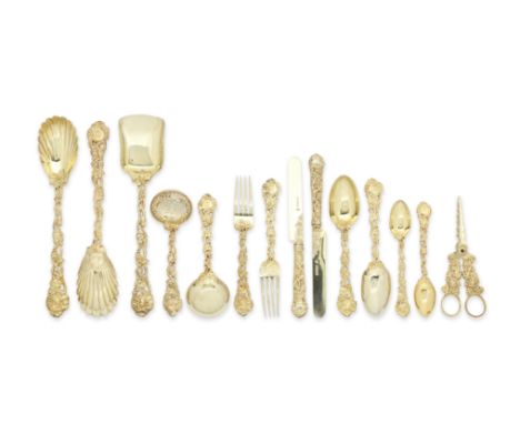 A Victorian silver-gilt 'Pierced Vine' pattern dessert flatware serviceHunt &amp; Roskell, London 1872 Placings for eighteen,