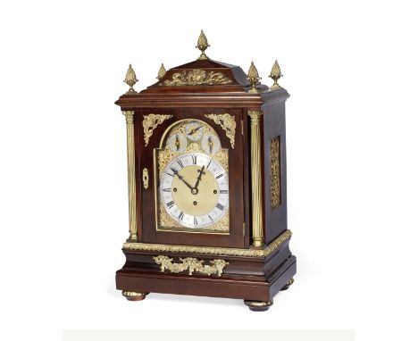 A late 19th century gilt brass mounted mahogany chiming mantel clock and bracketthe movement numbered 234 to the backplateof 