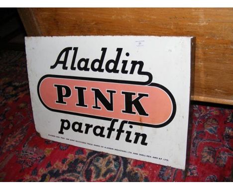 A vintage enamel sign with white ground - 'Aladdin Pink Paraffin' - double sided - 37cm x 54cm 
