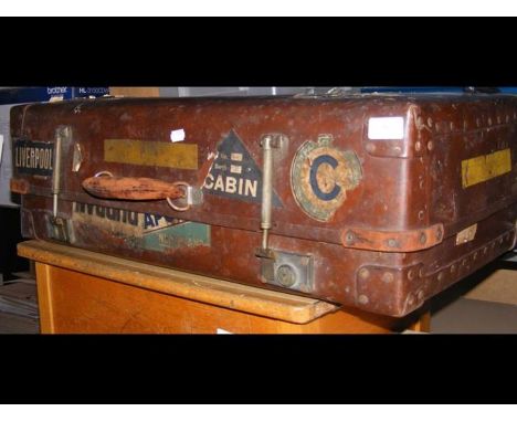 A vintage trunk with ocean liner stickers 