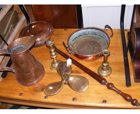 A vintage three blade propeller, copper warming pan and other metal ware  