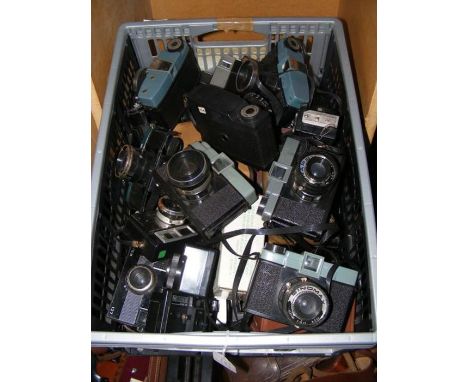 A box of assorted vintage cameras 