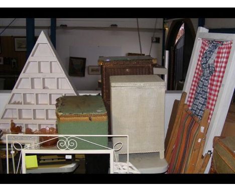 A four fold screen, a deck chair, three linen baskets, together with a triangular pigeon hole shelf  