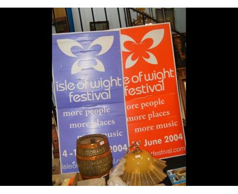 A Sherry barrel, retro glass light fitting, together with two Isle of Wight Festival banners