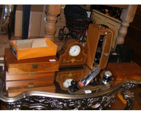 A PBL scientific telescope in wooden case, a vintage wood working plane, a mantel clock etc.CONDITION REPORTThe four wooden b