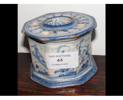 A Spanish blue and white inkwell - height 7cm 