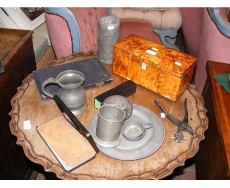 A tortoiseshell tea caddy, pewter plates and other collectablesCONDITION REPORTWe have attached a number of additional images