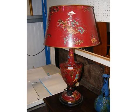 A Chinese style toleware table lamp with matching shade - height 80cm  