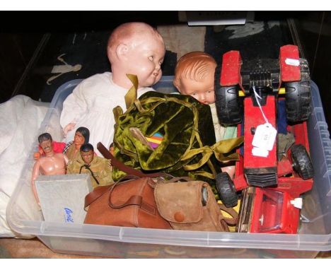 A quantity of vintage toys including Tonka tractor, bisque head doll and Lone Ranger figure