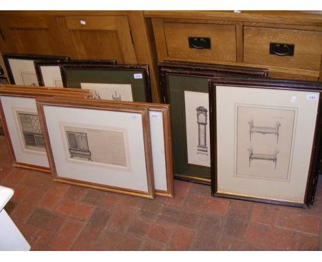 A collection of framed and glazed Chippendale furniture drawing plans