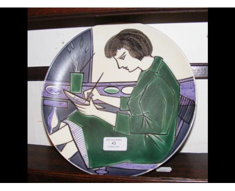 A rare Poole Pottery plate depicting a potter at work decorating - diameter 25cm CONDITION REPORTWe have attached a number of