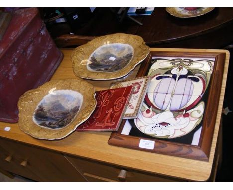 A pair of Prattware dishes, together with framed tile etc.