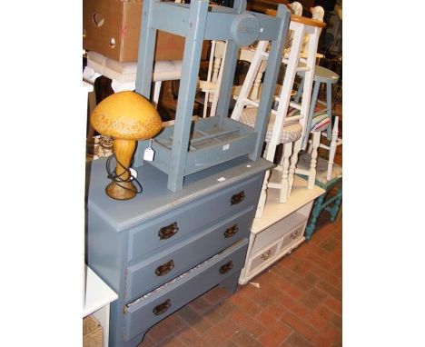 A blue painted stick stand, together with a painted chest of three drawers - width 92cm 