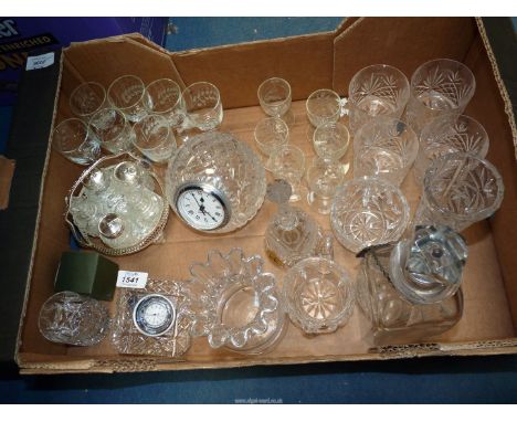 A quantity of glass including condiment set, lead crystal vase and Royal Brierley ball shaped clock, cream jug and four whisk