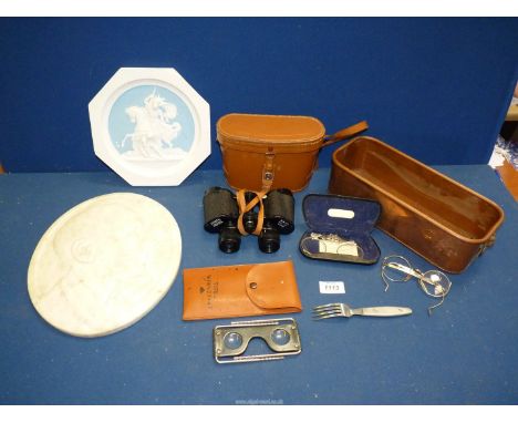 A quantity of miscellanea to include WWII RAF Map reading glasses, Respirator glasses, 1945 military fork, a copper truck, bl