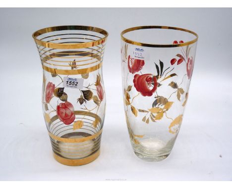 Two vintage vases with gold and rose detailing, 11" tall.