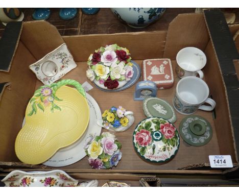 A quantity of china including Wedgwood Jasperware in pink, green and blue, Carltonware dish, posies etc.