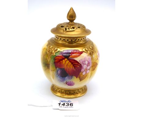 A small Royal Worcester cream and gold pot pourri Jar with blackberry decoration, signed K. Blake, 1934, 5 1/2" tall. (small 