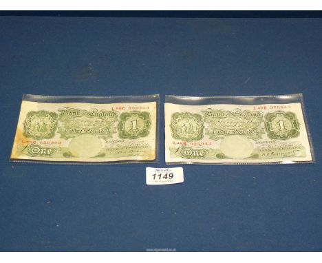 Two old one pound notes, one by P.S. Beale 1949-1955 chief cashier and the other by K. Peppiatt 1893-1983 chief cashier.